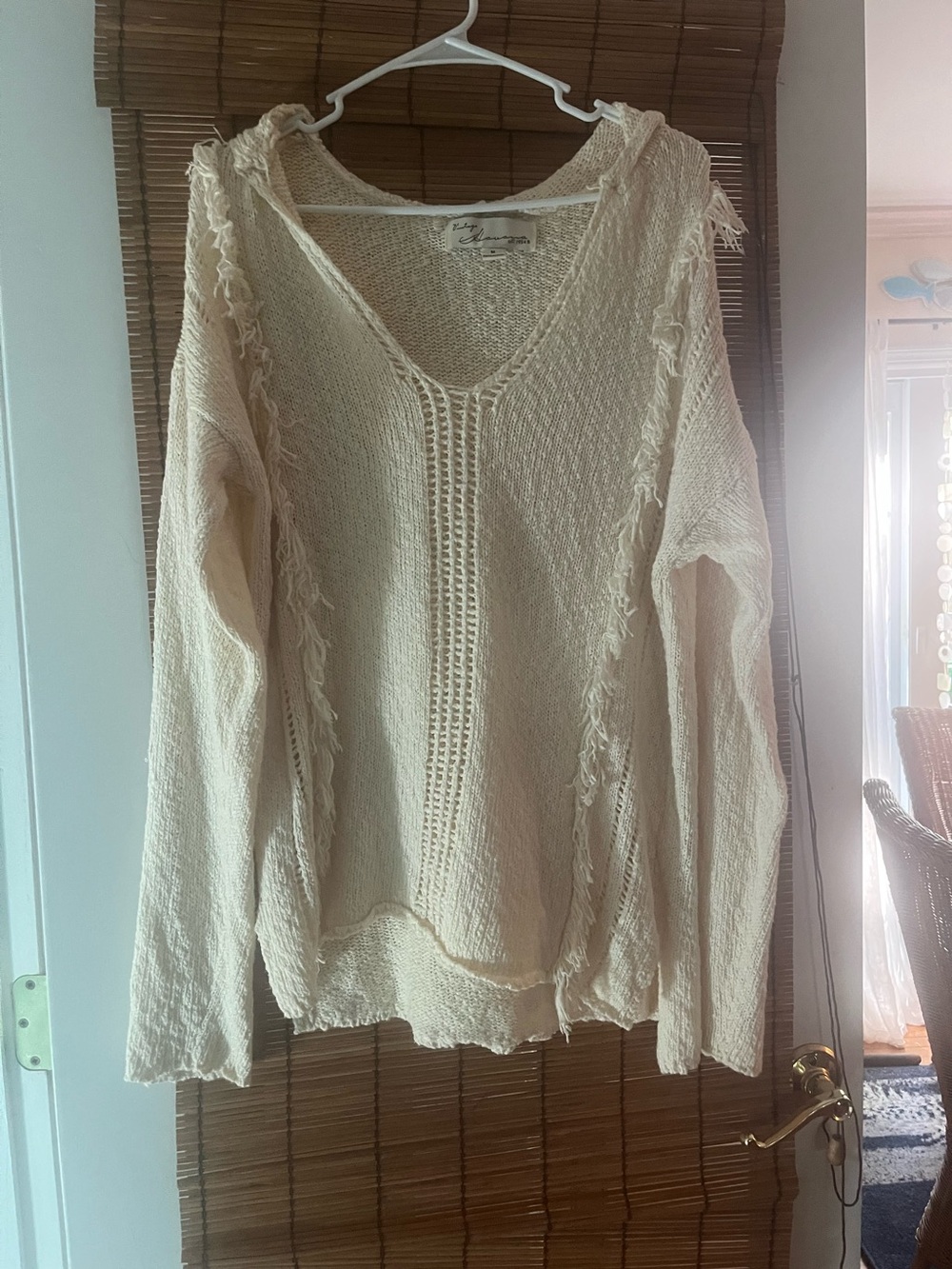 Vintage Havana Cream Fringed V-Neck Knit Hoodie